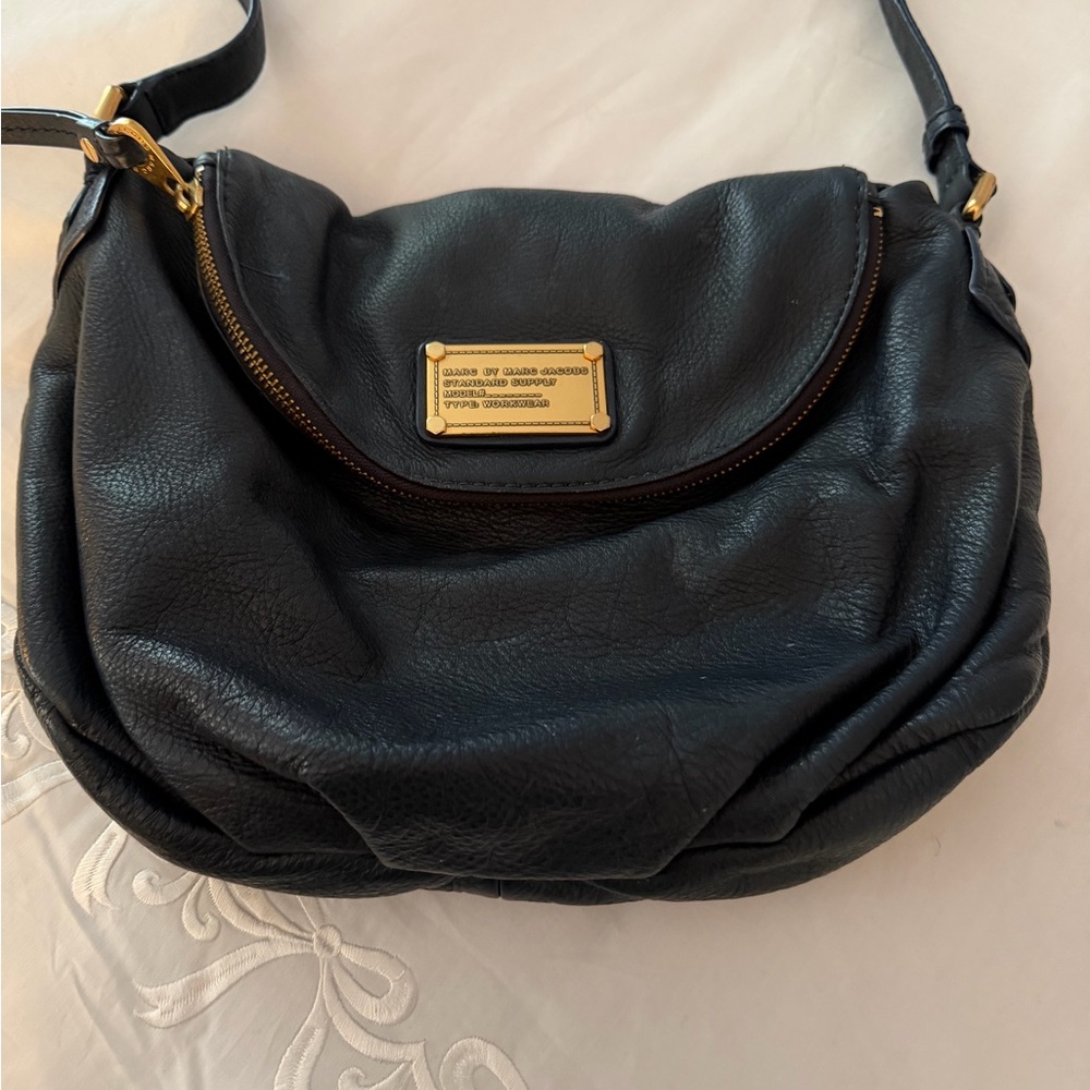 Marc Jacobs Navy Blue Leather Shoulder Bag with Gold Accents